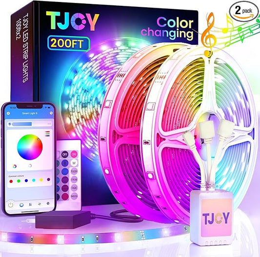 TJOY 200ft Bluetooth LED Strip Lights, Long Strip Lighting Music Sync, RGB Color Changing LED Lights for Bedroom with Remote,Smart Phone APP Control, Ceiling Living Room Decor (APP+Remote+Mic/2 Roll)