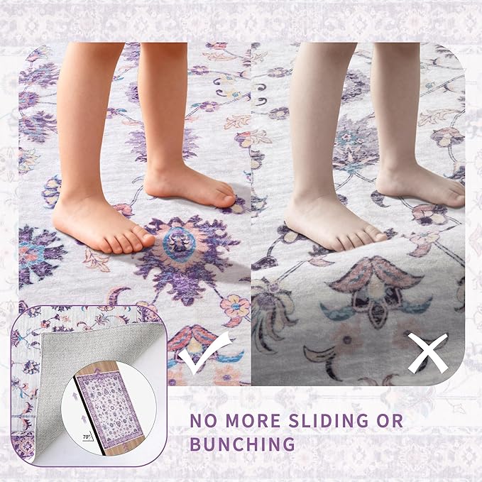 Tangsoo Runner Rug Hallway 2x6 Washable Carpet Runner Boho Vintage Floral Distressed Print Non Slip Soft Low-Pile Indoor Rug for Kitchen, Entryway, Bedroom, Laundry, Hallway Runner (Purple)