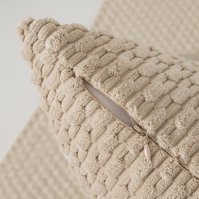 Kevin Textile Throw Pillow Covers Soft Corduroy Decorative Set of 2 Boho Striped Pillow Covers Pillowcases Farmhouse Home Decor for Couch Bed Sofa Living Room 20x20 Inch Beige