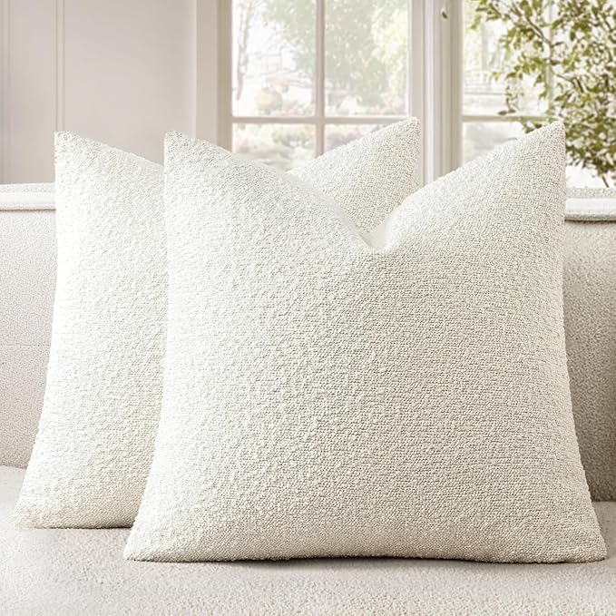 Woaboy Pack of 2 Decorative Boucle Throw Pillow Covers Textured Square Pillowcaes Accent Solid Cozy Soft Cushion Covers Christmas Home Decor for Sofa Couch Living Room Bed,18x18 Inch White