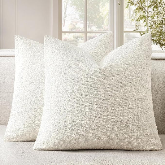 Woaboy Pack of 2 20x20 Inch Decorative Boucle Throw Pillow Covers Textured Square Pillowcaes Accent Solid Cozy Soft Cushion Covers Christmas Home Decor for Sofa Couch Living Room Bed,White