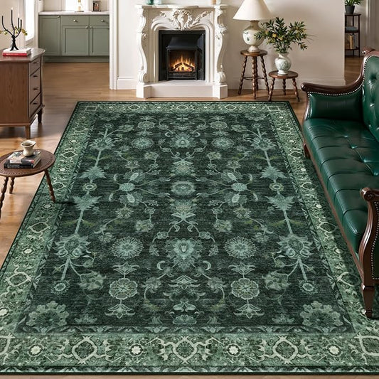 Tangsoo 8x10 Green Large Area Rug for Living Room, Non Slip Machine Washable Rug for Bedroom, Boho Distressed Vintage Floral Rugs, Soft Indoor Floor Carpet Mat for Office Nature Forest Farmhouse Decor