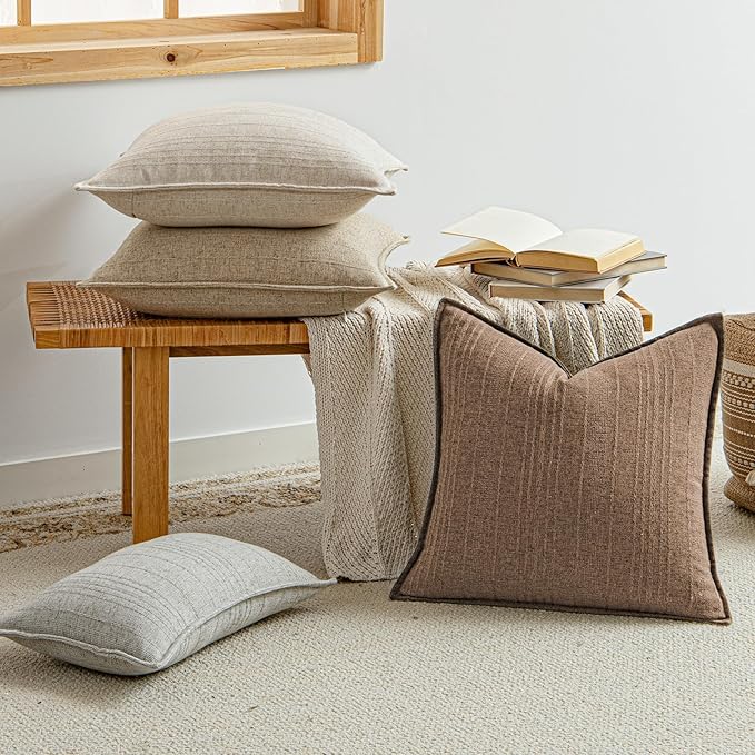 a moment Linen Pillow Covers Set of 2,Boho Farmhouse Throw Pillowcases Neutral Textured Decorative Covers for Couch Sofa,Soft Linen Blend Accent Case Cushion Living Room Home Decor 20"x12"Hazel