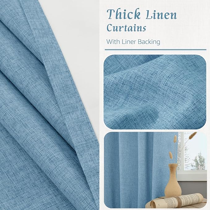 LAMIT Blue 100% Blackout Window Curtains for Boy Bedroom, 45 Inches Linen Textured Thermal Farmhouse Curtains Back Tab and Rod Pocket Window Panels with White Liner, 2 Panels, 52 x 45 Inch