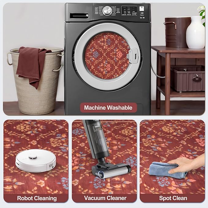 Tangsoo 5x7 Washable Area Rug, Non Slip Red Floral Indoor Rug, Soft Low Pile Floor Carpet for Living Room, Bedroom, Dining Room, Pet & Child Friendly Room Decor, Easy to Clean