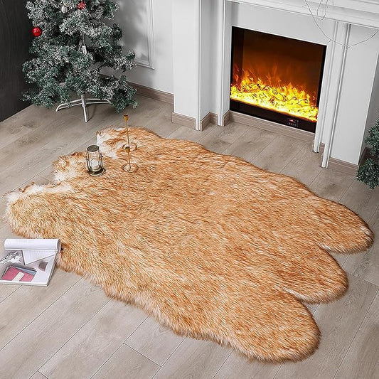 Faux Fur Rug Sheepskin Shag Fluffy Fuzzy 4x6 ft Rugs for Bedroom Bedside Bed Floor Living Room Plush High-Density Cushion Carpet Super Sofa Cover White and Yellow