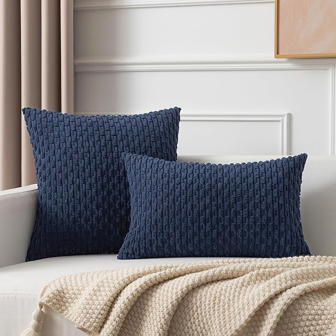 Kevin Textile Throw Pillow Cover Striped Corduroy Plush Texture Velvet Euro Cushion Cover for Bed 24 x 24 inch (60cm) Set of 2 Navy Blue
