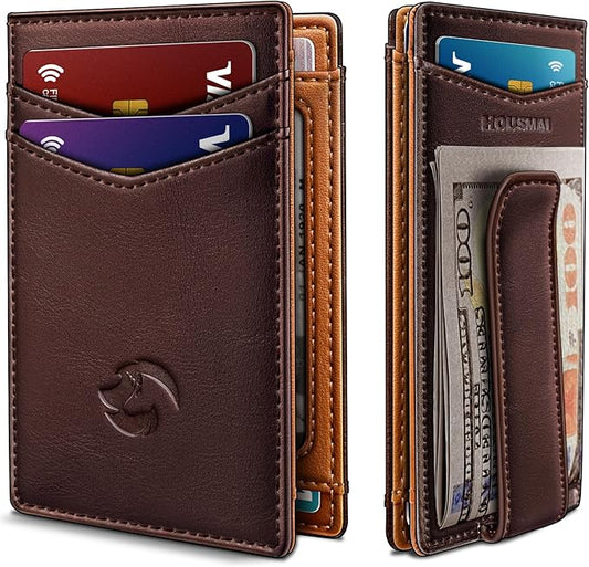 Housmai Magnetic Closure Slim Wallet for Men with Money Clip Gift Boxed,Genuine Leather Front Pocket Wallet, 3.9"x 2.7", RFID Blocking