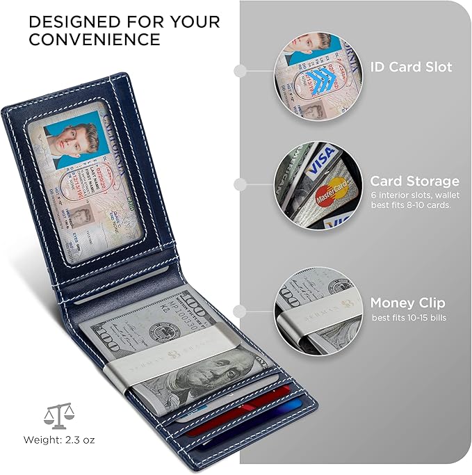 SERMAN BRANDS Mens Money Clip Wallet. RFID Blocking Slim Front Pocket Wallets for Men, Full Grain Leather RFID Minimalist Card Holder | RFID Blocking, Slim, Front Pocket, RFID, Minimalist, Card Holder