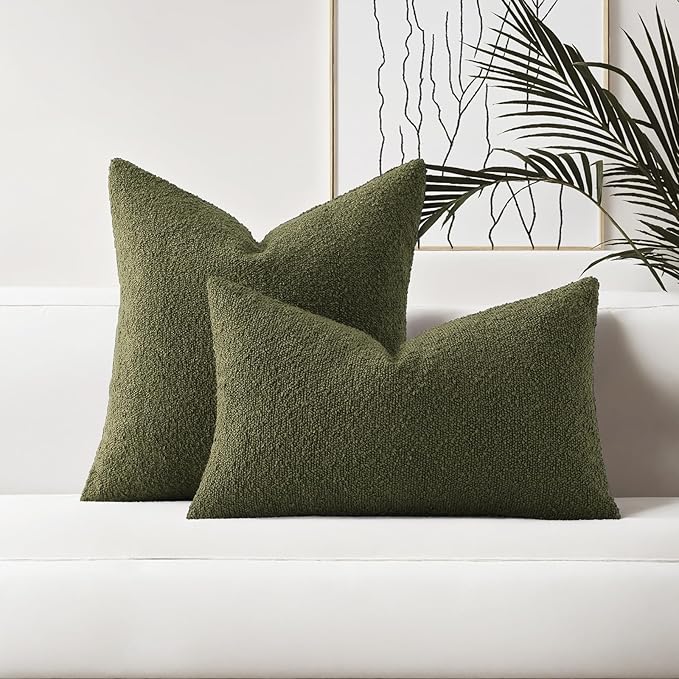 HAUSSY Set of 2 16x16 Decorative Throw Pillow Covers, Soft Cozy Textured Boucle Couch Cases, Home Decor for Couch Bed Living Room, Moss Green