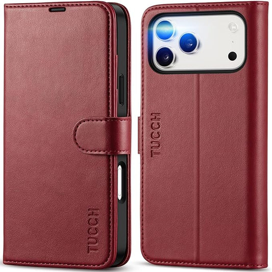 TUCCH Case Wallet for iPhone 17 Pro Max (6.9") 2025, Stand | RFID Blocking | 4 Card Holders | TPU Shockproof Inner Shell | PU Leather | Magnetic Closure Folio Protective Cover | Dark Red