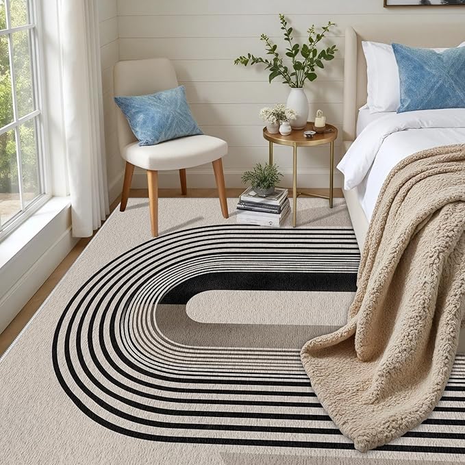 Modern Washable Rug for Living Room 5x7, Boho Abstract Striped Area Rugs, Soft Non Slip Low Pile Farmhouse Carpet for Bedroom Dining Room Kitchen, Stain Resistant, Pet Friendly, Beige Black