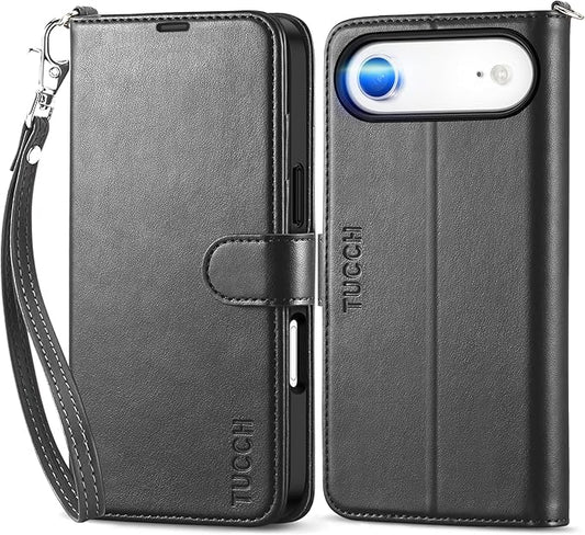 TUCCH Wallet Case for iPhone Air (6.5") 2025, Wrist Strap RFID Blocking 4 Card Slots, Kickstand, Shockproof TPU Shell, PU Leather, Magnetic Closure, Protective Flip Folio Cover, Black