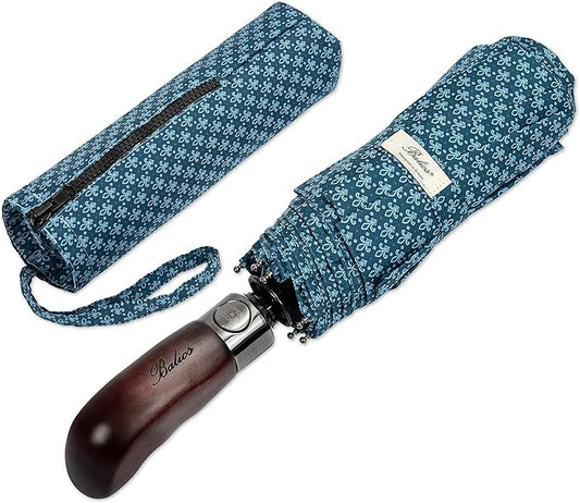 Balios Travel Folding Umbrella with Real Wood Handle Auto Open Close Vented Windproof Canopy - Designed in UK