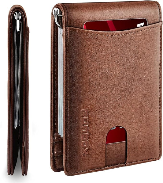 RUNBOX Slim Wallet for Men Genuine Leather RFID Blocking Bifold Minimalist Front Pocket Mens Wallet with Money Clip Thin Gift Box