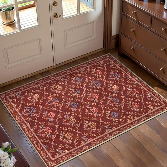 Tangsoo 2x3 Small Washable Entry Rug,Non Slip Red Floral Throw Area Rugs for Entryway,Front Door Mats Indoor Entrance Carpet for Kitchen Office Laundry, Soft Kids & Pets Friendly