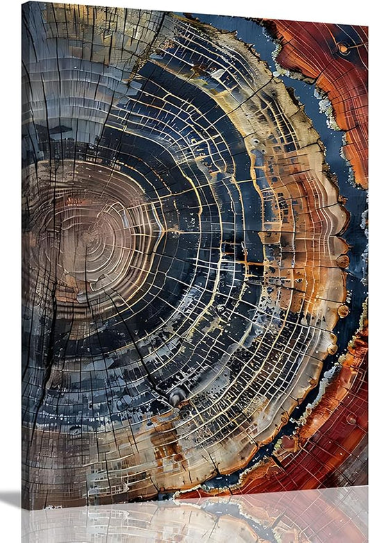 IBHJSART Framed Tree Ring Canvas Wall Art Vintage Colorful Wood Stump Painting Prints Modern Minimalist Pictures Neutral Nature Rustic Farmhouse Decor Living Room Bedroom Bathroom Office
