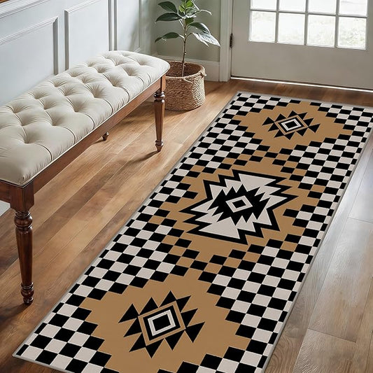Western Aztec Long Hallway Rug Runners, 3.3x7ft, Modern Brown Diamond Check Area Carpet for Living Room, Easy Clean Fade Resistant Durable Foldable Pet Friendly Rugs for Front Door