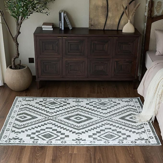 Moroccan Washable Area Rug 4x6, Geometric Decorative Woven Rug Low Pile, Non-Slip Boho Accent Farmhouse Indoor Floor Carpet for Bedroom Laundry Living Room Dining Table, Olive Green/White