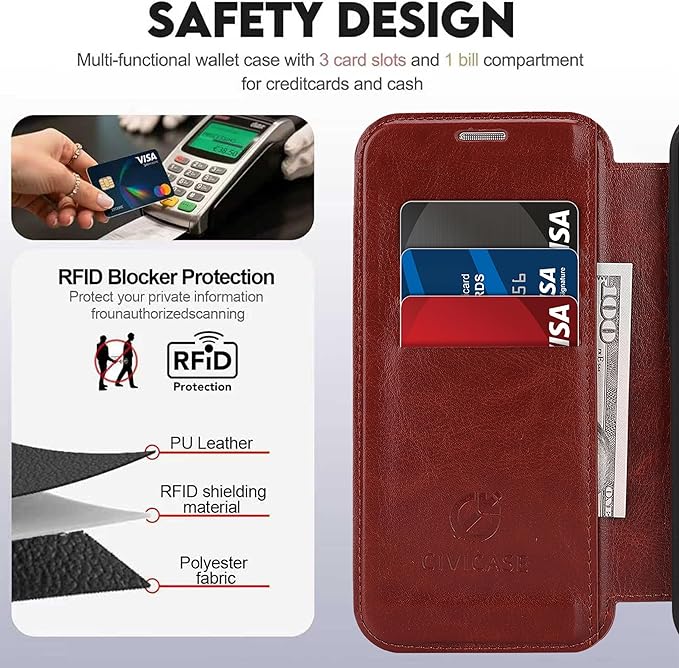 CIVICASE for iPhone 15 Pro Wallet Case with Stand,PU Leather Flip Credit Card Holder Slots (RFID Blocking),Compatible with Magsafe Magnetic Holder Phone Cover Women Men,Dark Brown