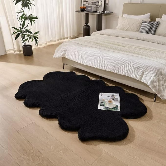 1700GSM Fuzzy Faux Sheepskin Fur Area Rug,Extra Soft Faux Fur Mat,Fluffy Shaggy Fur Rug for Bedroom Living Bedside Rug Room Decor-Black, 4 x 6 ft