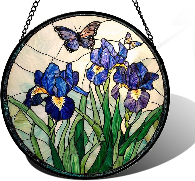 DASTOLL Stained Glass Window Hanging, Blue Purple Butterfly Flower Suncatcher Diamond Colorful Glass Panel Sun Catchers Decor for Birthday for Women, Men, Wife, Aunt, and Mom 15x15 in