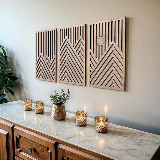 qmmp Modern Wooden Wall Sculptures - Set of 3 - Home Decor Accent - Large Wall Art for Living Room, Bedroom, Office - Easy Installation (Oak, Medium - Mountain and Sun)