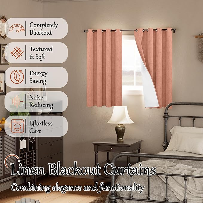 Lajode 60 Inch Wide Linen Blackout Fall Curtains for Bedroom, Terracotta Curtains 63 Inch Long 2 Panels, Total Black Out Thermal Insulated Energy Saving Boho Window Drapes, 60x63 Inch 2 Panels