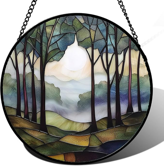 Stained Glass Window Hanging, Green Brown Smoke Forest Moon Suncatcher for Doors Window Home Tree Sun Catchers Decor Mother's Day Birthday Gifts for Women, Men Mom 6.3 in