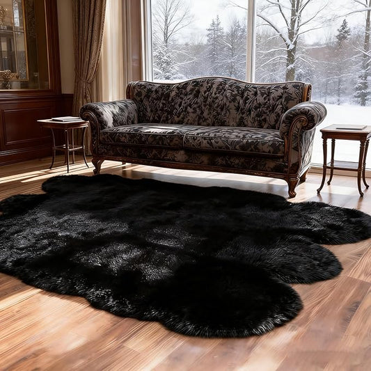 Black Faux Fur Sheepskin Area Rug for Living Room Bedroom, 6 x 6 Feet Ultra Soft Shaggy Fuzzy Furry Carpet Chair Throw Large Rugs for Kids, Girls, Nursery Room Decor Dorms