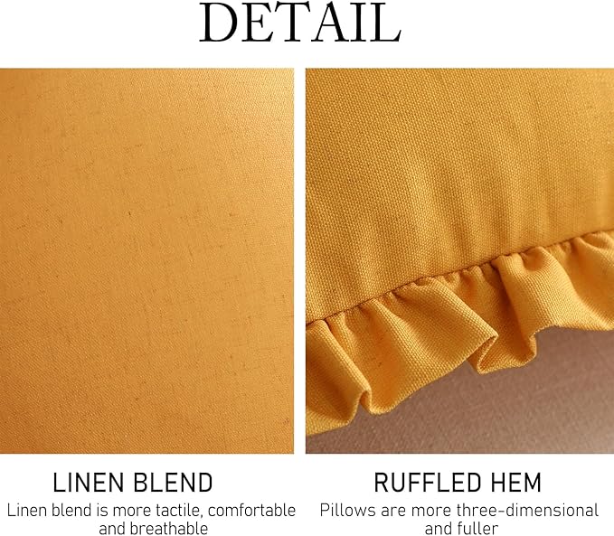 ISAENNE 2 Pieces Classic Yellow Round Throw Pillow Cover Diameter 16", Solid Color Farmhouse Linen Cotton Decor Pillow Cover with Ruffles, Sturdy Throw Pillow Case for Couch Sofa Bed Living Room