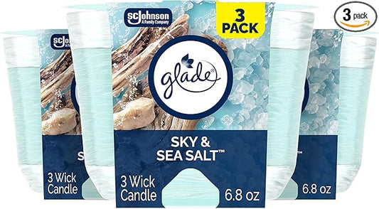 Glade 3-Wick Candle, Sky & Sea Salt Fragrance with Essential Oils, Air Freshener, 6.8 Oz, 3 Count