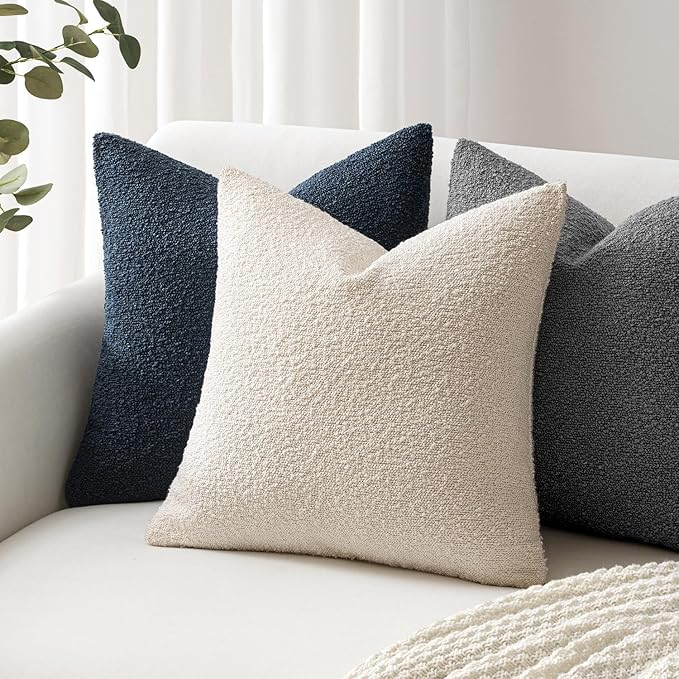Woaboy Pack of 2 18x18 Inch Decorative Boucle Throw Pillow Covers Textured Square Pillowcaes Accent Solid Cozy Soft Cushion Covers Home Decor for Sofa Couch Living Room Home Decor,Navy Blue