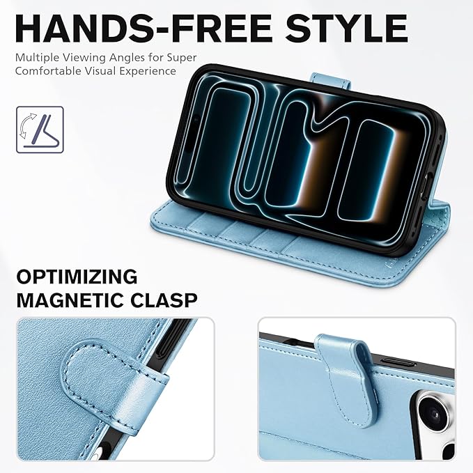 TUCCH Case Wallet for iPhone 17 Pro Max (6.9-Inch) 2025, RFID Blocking 4 Card Slots, Kickstand, Magnetic Closure, PU Leather, Shockproof TPU Shell, Protective Flip Cover, Pearly Light Blue