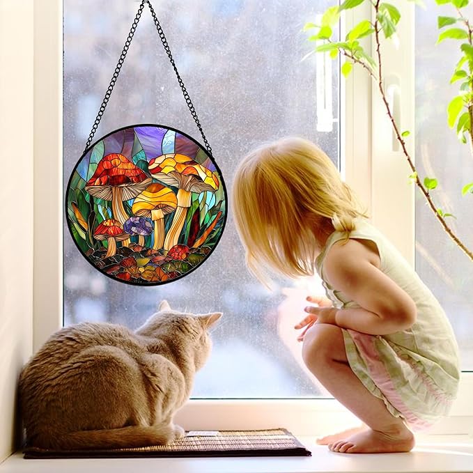 DASTOLL Stained Glass Window Hanging, Jungle Mushrooms Sun Catchers Diamond Glass Panel Hangings Plant Suncatcher Decor for Birthday for Women, Men, Wife, Aunt, and Mom 11.8x11.8 in