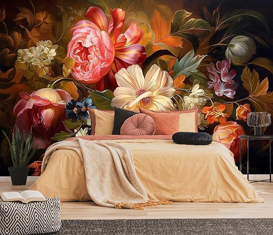 Hand-Painted Watercolor Rose Peony Leaves Flower Mural, Assorted Colors Flower Wallpaper, can be affixed to The Living Room Bedroom Walls（Non-self-Adhesive）