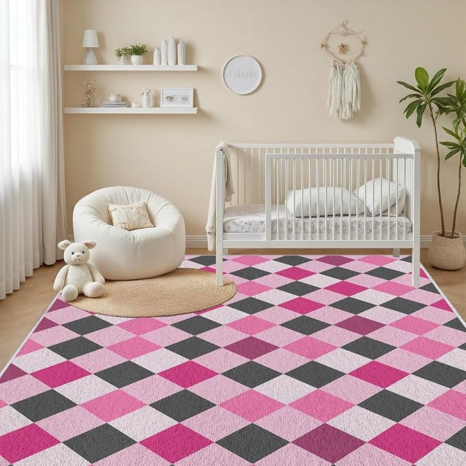 Diamond Checkered Rug 4x6, Soft Ultra Soft Faux Wool Abstract Geometric Rugs, Indoor Floor Mats Carpet, Non Slip&Non-Shedding Low Pile Washable Rugs, Modern Red Rug for Bedroom