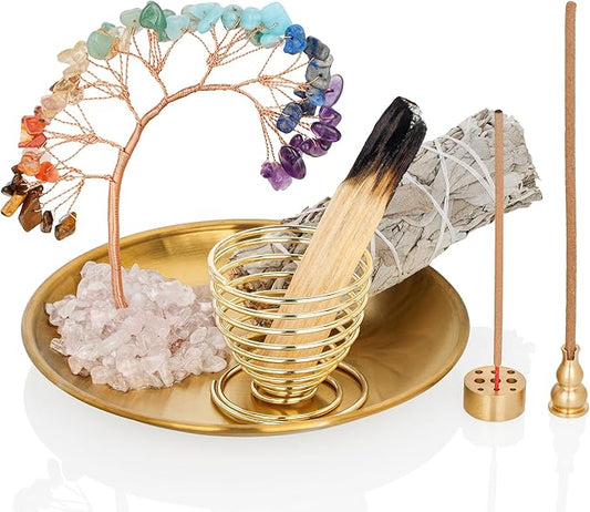 ZenBless 7 Chakra Healing Crystal Tree Incense Holder Palo Santo Sage Burner Brass Ash Catcher for Incense Sticks Coil Cones Yoga Meditation Zen Spiritual Room Home Decoration (Round)