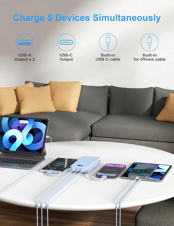 Portable Charger with Wall Plug, 12000mAh USB C Power Bank Fast Charging, External Battery Pack with Built in Cables, Digital Display, 5 Output 4 Input for iPhone Android Cell Phone Tablet