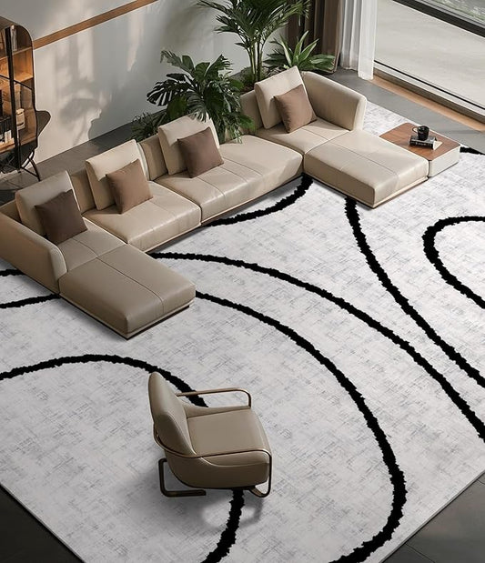 YIHOUSE Modern Area Rugs for Living Room, 8x10 Washable Black and White Rug, Thin Abstract Geometric Striped Rug, Area Rug for Bedroom,Kitchen,Dining Room,Office
