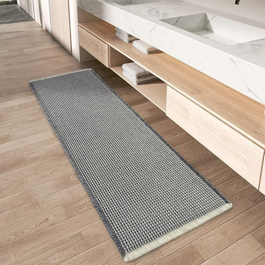 Upgraded Waffle Runner Rug Super Absorbent Non Slip Bath Mats for Bathroom Machine Washable Bathroom Runner Rug with Tassels, Ideal for Hallway Bedroom Laundry Room, 17" x 60", DarkGrey & Cream