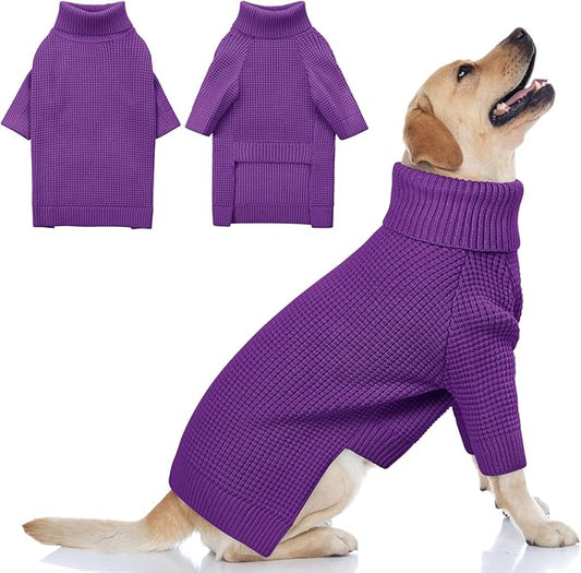 Queenmore XXL Dog Sweater, Large Dog Sweaters for Male Dogs, Turtleneck Plaid Kintsweaters for Large Breeds, Cold Weather Pullover Pet Clothes, Purple 2XL