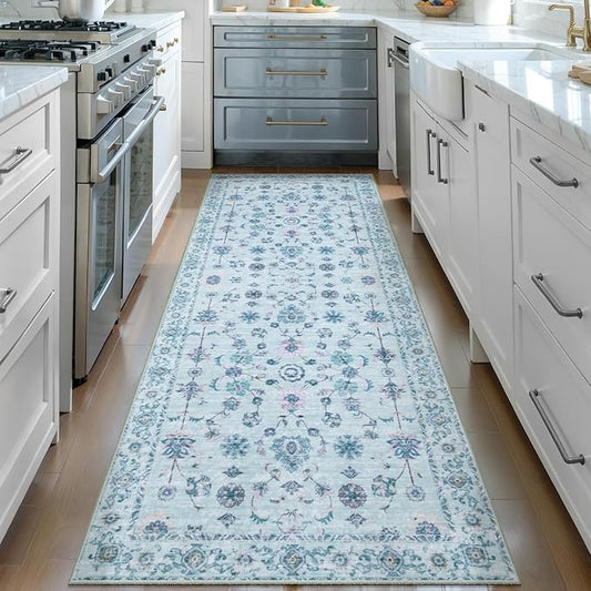 Tangsoo Washable Runner Rug for Hallway Non Slip, 2x6 Boho Floral Vintage Carpet Runner Rugs for Entryway, Floor Soft Low Pile Runners for Kitchen Bathroom Laundry Bedroom Alfombra Blue Farmhouse