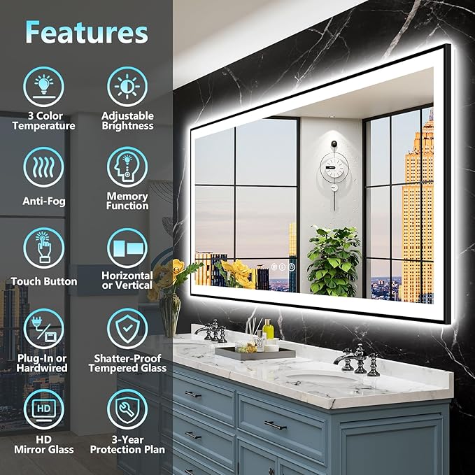 88x38 Inch Black Framed LED Bathroom Mirror with Lights, Backlit & Front Lit, Anti-Fog Lighted Vanity Mirrors for Bathroom Wall, Dimmable, 3-Color Light, Memory, Shatter-Proof, Tempered Glass