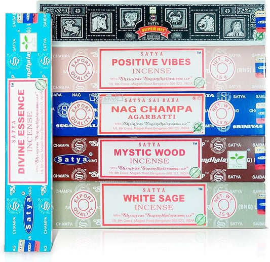 Assorted Incense Sticks Pack of 6 Premium Scents - Includes Nagchampa, Super Hit, Divine Essence, Mystic Wood, Positive Vibes, White Sage - Aromatherapy, Meditation, Relaxation, Soothing Fragrances