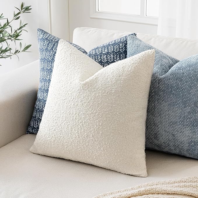 MIULEE 26x26 Decorative Euro Sham Throw Pillows for Bed Set of 2 Textured Boucle Neutral Winter Throw Pillow Covers White Accent Solid Vintage Pillowcases Sofa Livingroom Home Decor