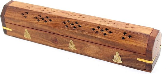 Govinda® Wooden Coffin Incense Burner - 12" Buddha - Brass Inlays - Storage Compartment