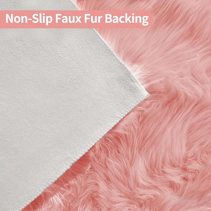 Pink Samll Faux Fur Sheepskin Area Rug for Living Room Bedroom, 2 x 3 Feet Ultra Soft Shaggy Fuzzy Furry Carpet Chair Throw Rugs for Kids, Girls, Nursery Room Decor Dorms