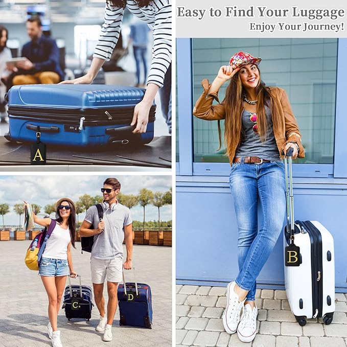 Personalized Initial Luggage Tags for Suitcase TSA Approved, Black Leather Cute Luggage Tag with Privacy Cover Name Card, Embroidered Custom Luggage Tags Travel Backpack Tags Gifts for Women Kids(O)