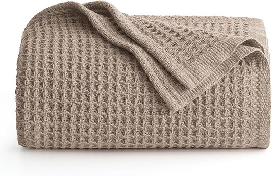 Bedsure Gentlesoft 100% Cotton Large Throw Blanket for Couch 50x70 inches - Breathable and Soft, Waffle Weave Throw Blanket for Office, Light Brown